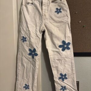 PacSun White Pants with Blue Floral Design